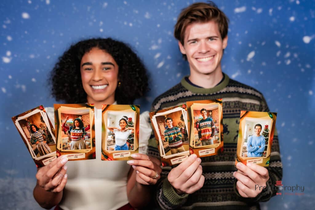 Guests holding AI-generated vintage holiday portraits from Proptography Co's Nostalgic Holidays Photo Experience, an immersive holiday photo booth that transforms real-time photos into classic holiday keepsakes for corporate events in Baltimore and the DMV.
