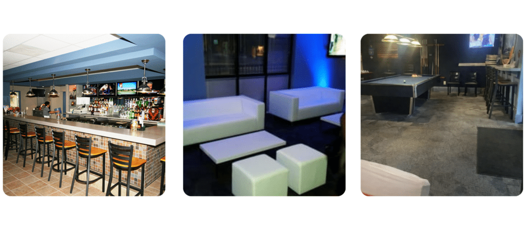 Interior views of FOP 89 Members Only Lounge in Upper Marlboro, MD featuring bar seating, lounge furniture, and pool table area for private events and birthday parties.