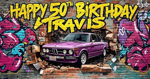 Graffiti-style Happy 50th Birthday Travis backdrop at 80s 90s themed 50th birthday party with photo booth at FOP 89 in Upper Marlboro, MD.