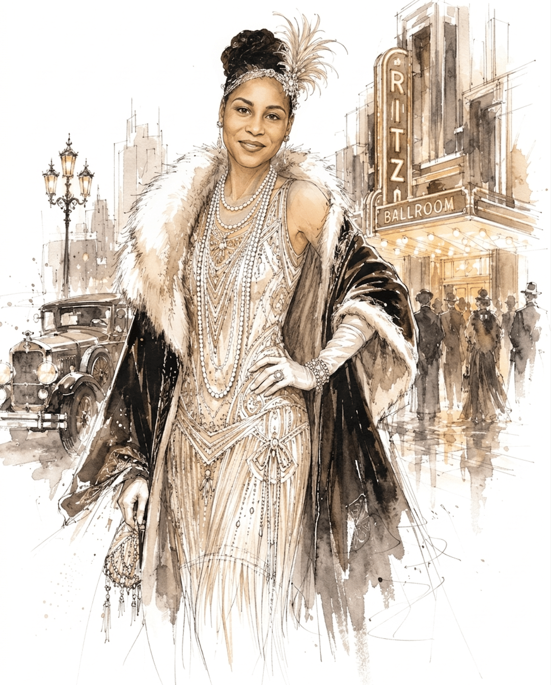 Woman in a beaded flapper gown, fur stole, and feathered headpiece styled as a glamorous 1920s AI portrait outside the Ritz Ballroom, created by Proptography Co's AI Portrait Studio