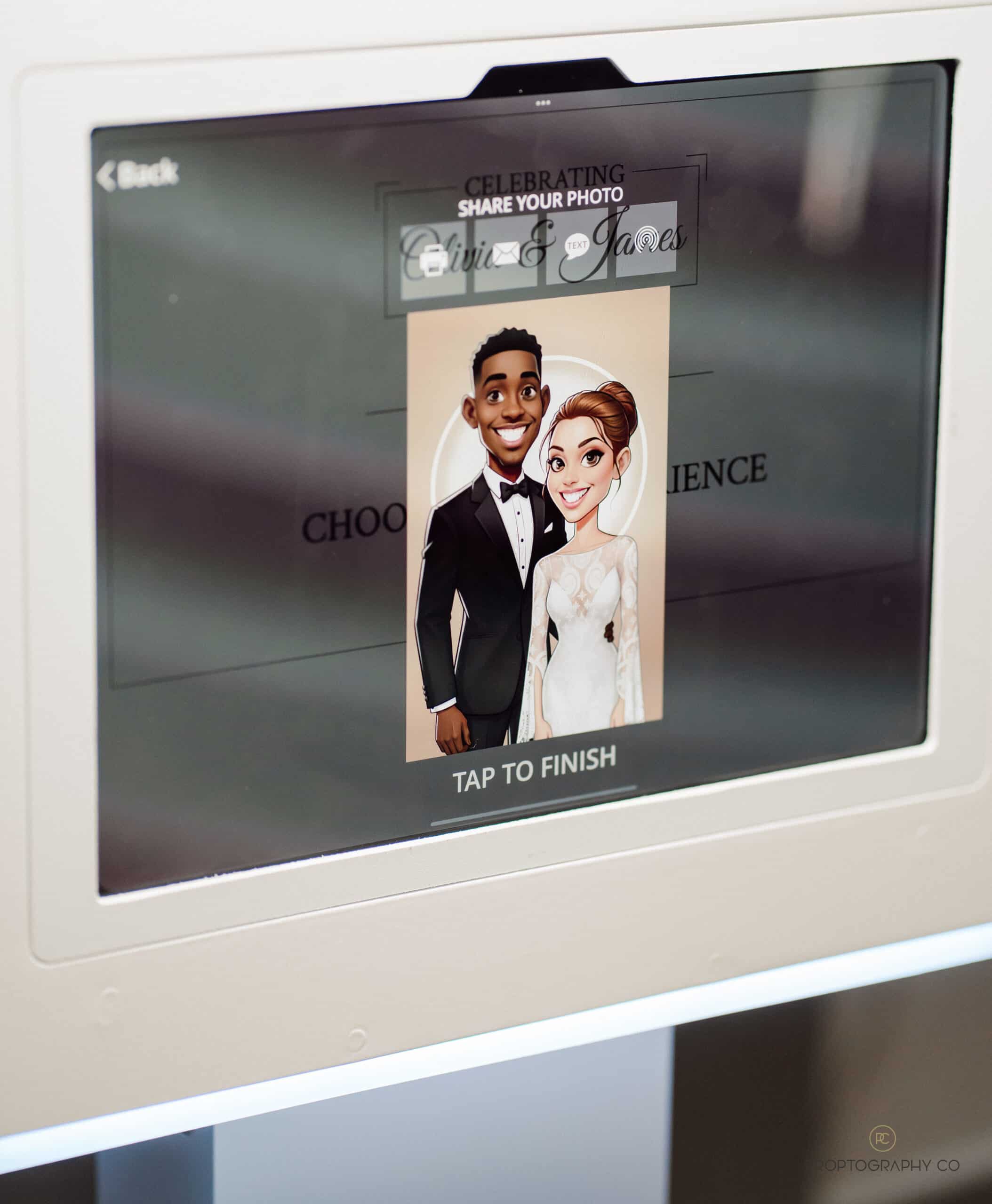Photo booth screen displaying a custom wedding caricature of a bride and groom, personalized with the couple's names, from Proptography Co's AI Portrait Studio